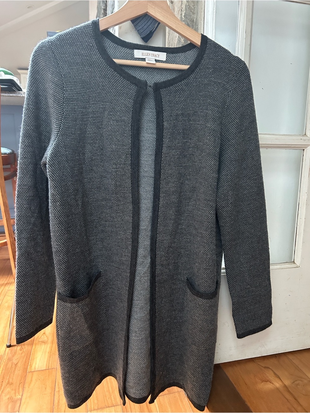 Ellen Tracy Charcoal Gray Open-Front Textured Long Cardigan